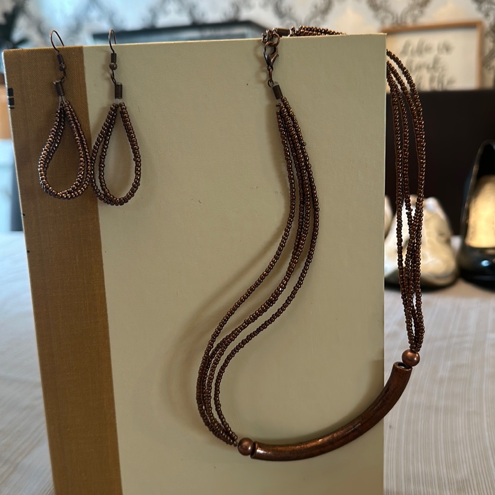 Bronze beaded earring/necklace set